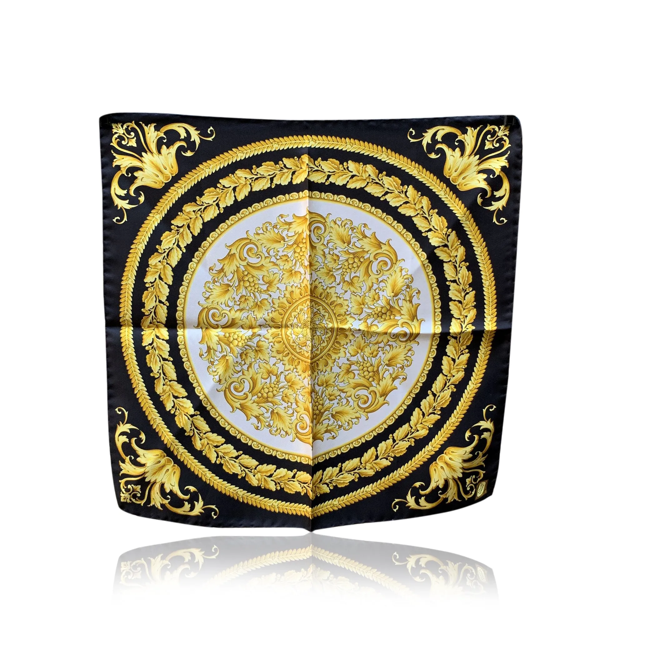 Atelier Versace Vintage Black and Yellow Baroque Print Silk Neck Scarf