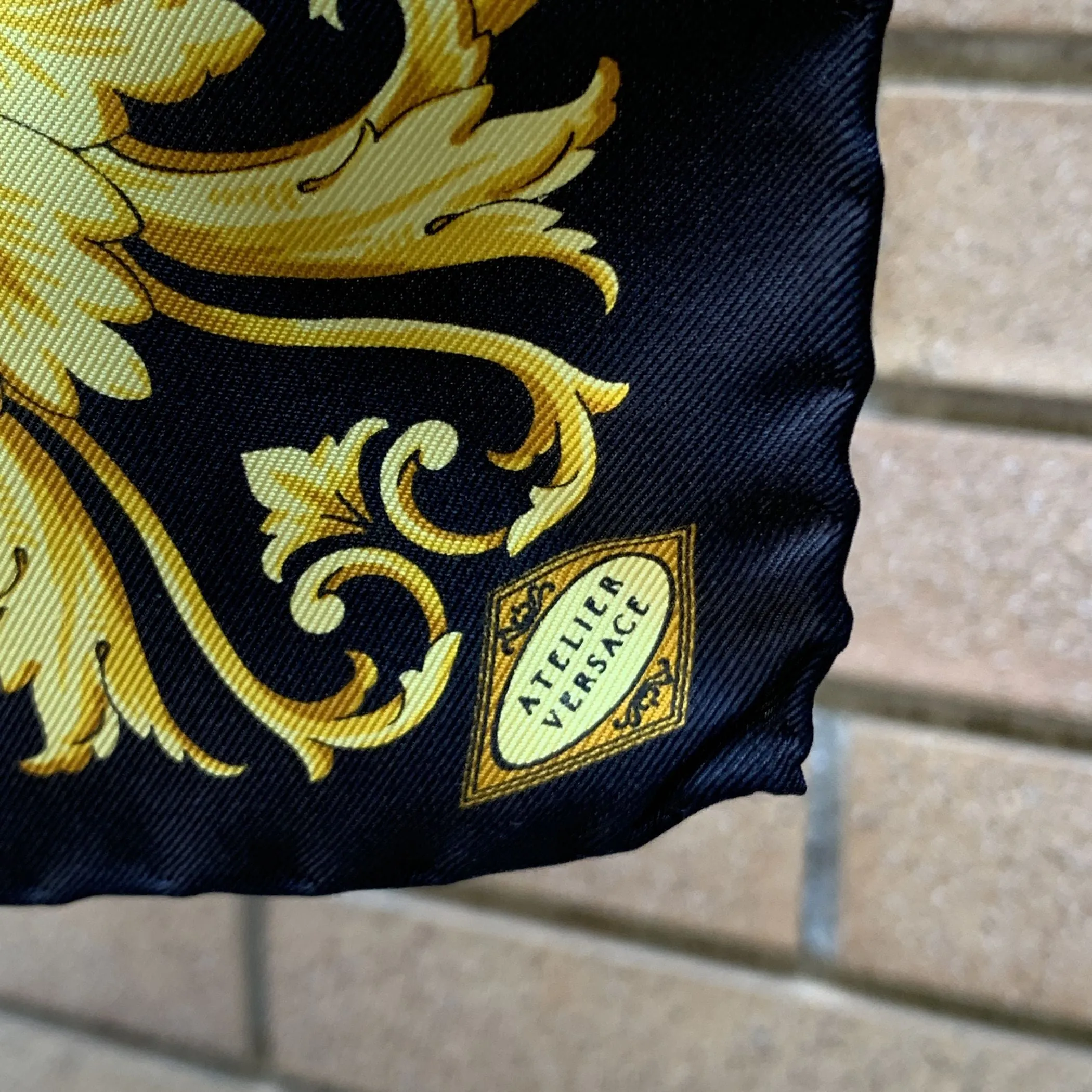 Atelier Versace Vintage Black and Yellow Baroque Print Silk Neck Scarf