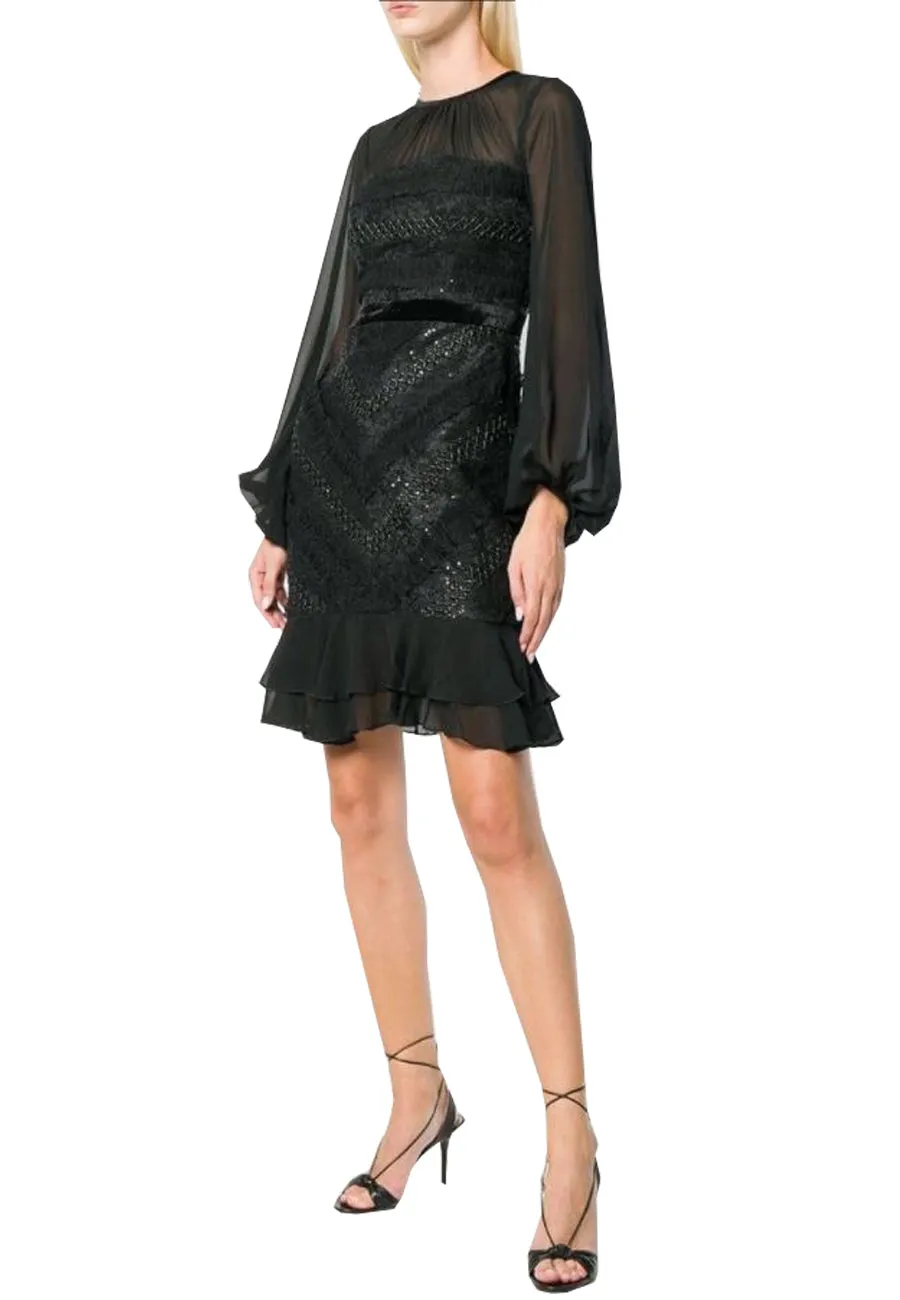 Black Diamond Sheer Long Sleeves Sequins Mini Dress (UK 12)