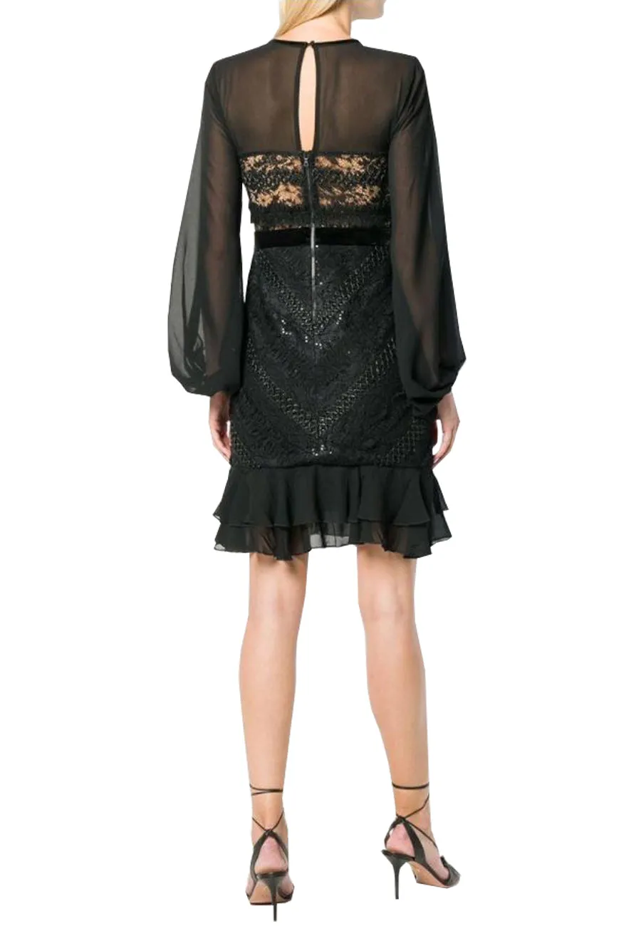 Black Diamond Sheer Long Sleeves Sequins Mini Dress (UK 12)