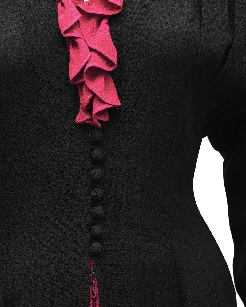 Black Moss Crepe Gown with Fuchsia Ruffle Detail