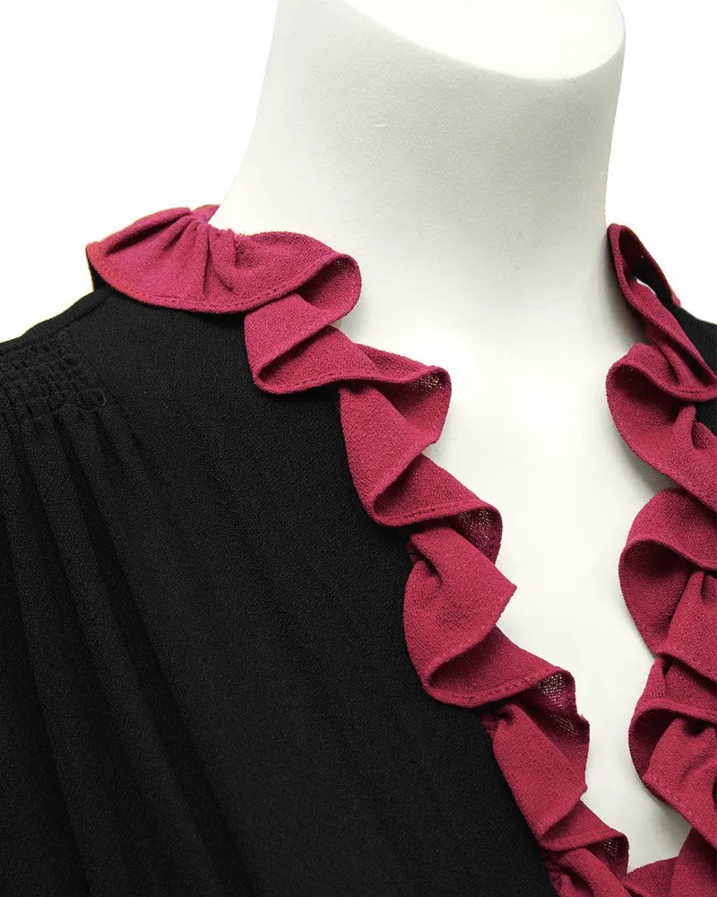 Black Moss Crepe Gown with Fuchsia Ruffle Detail