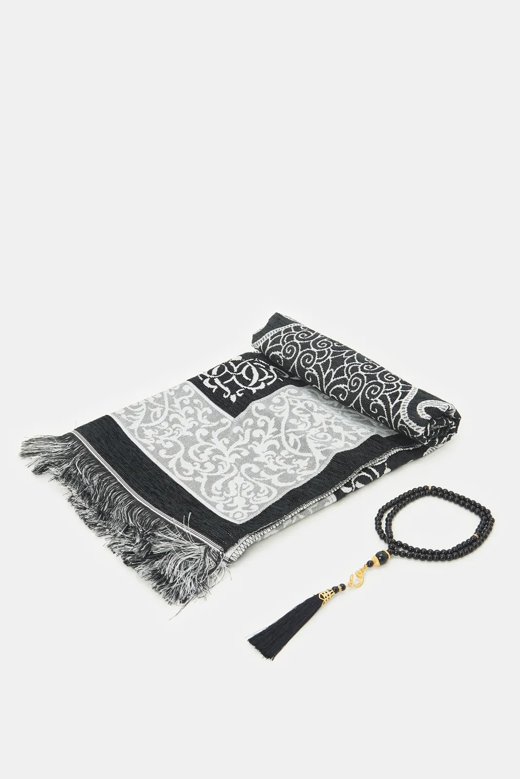 Black Prayer Mat With Bag And Rosary Set (3 Piece)