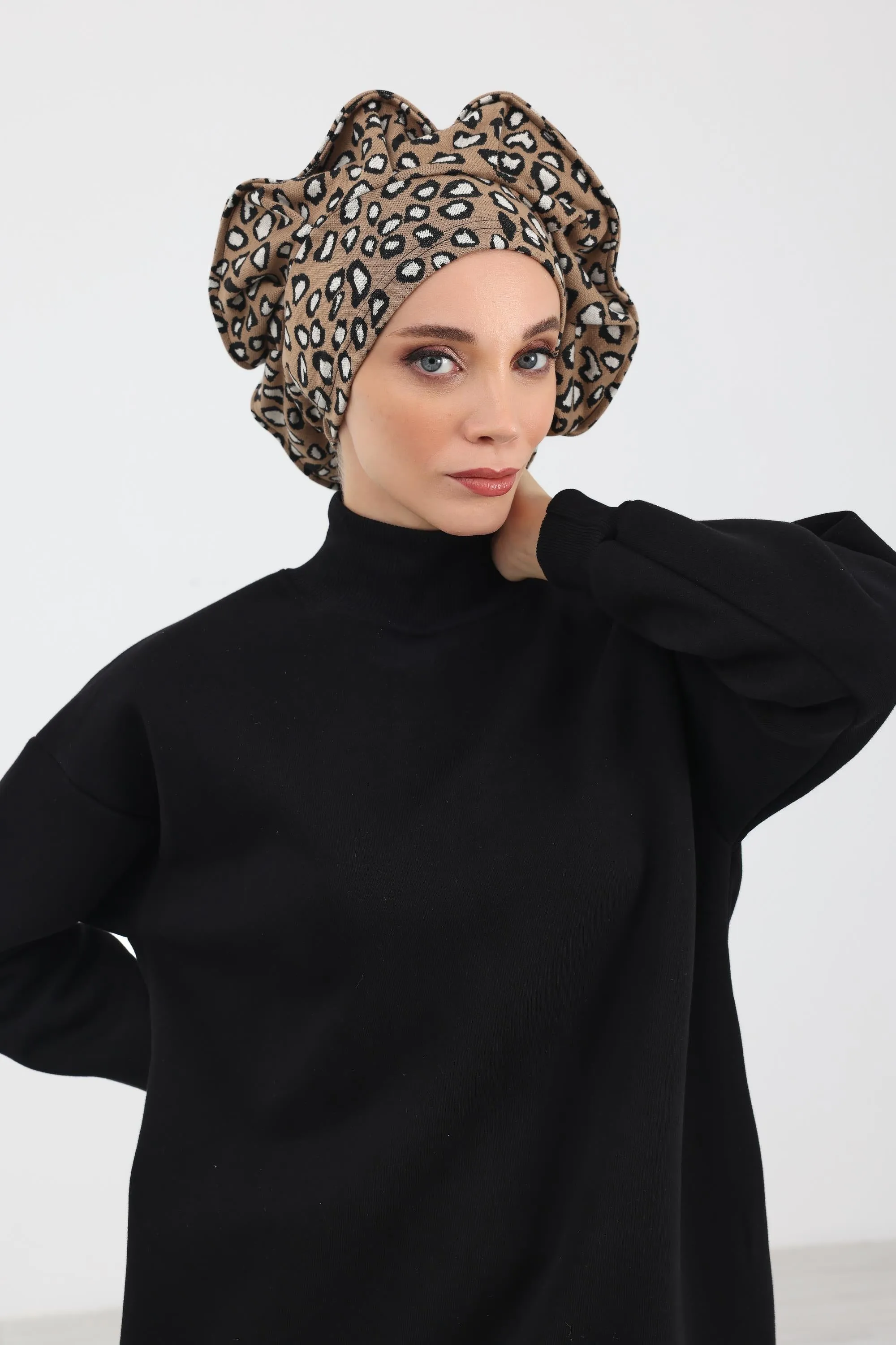 French-Style Winter Turban Headwrap, Houndstooth & Leopard Printed Women Winter Turban, Elegant French-Influenced Winter Headwrap,B-79