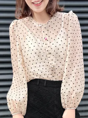 Hearty Print Ruffle Collar Balloon Sleeve Airy Blouse