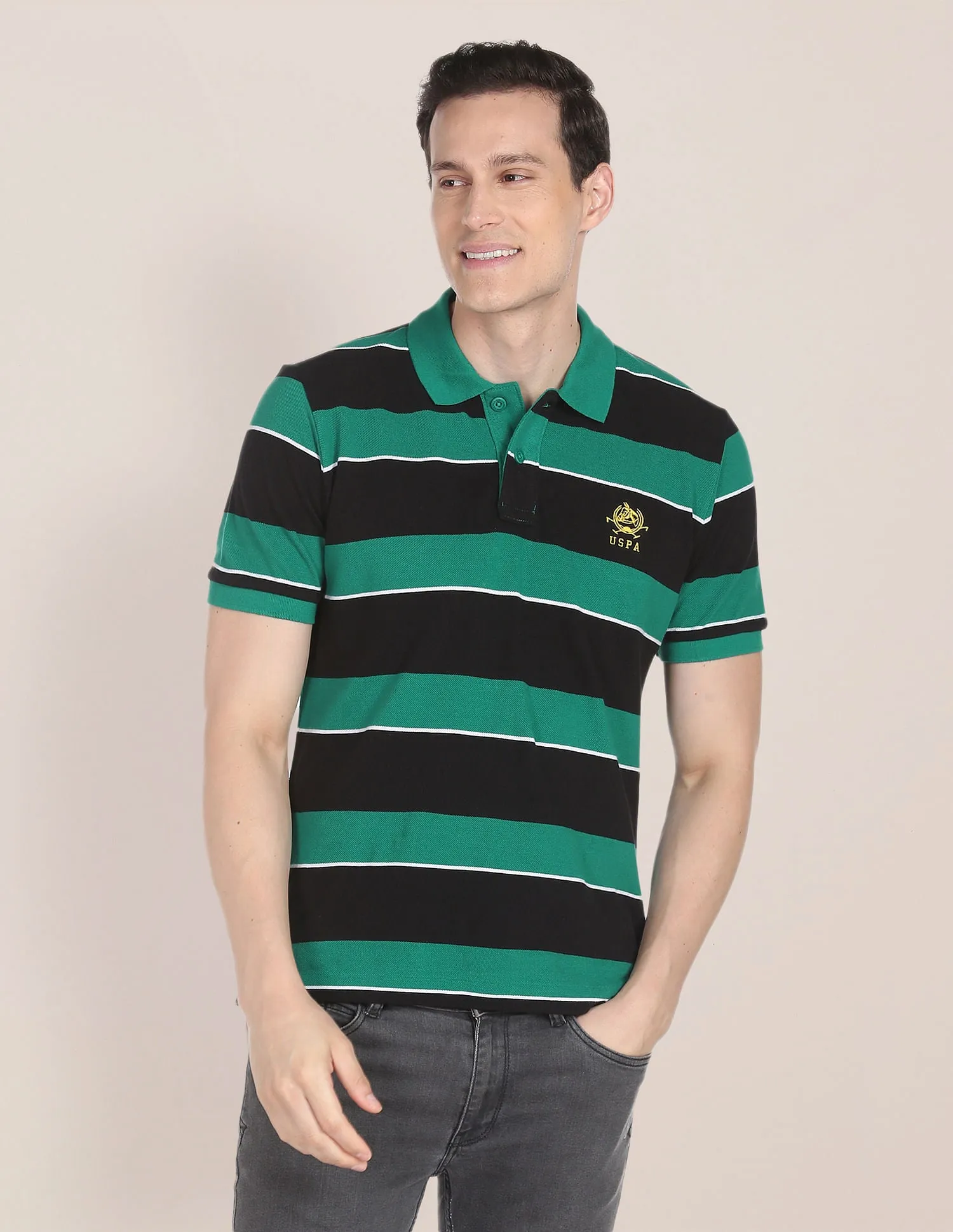 Horizontal Stripe Pique Knit Cotton Polo Shirt