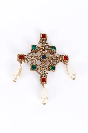 Jewel & Pearl Teardrops Cross Brooch