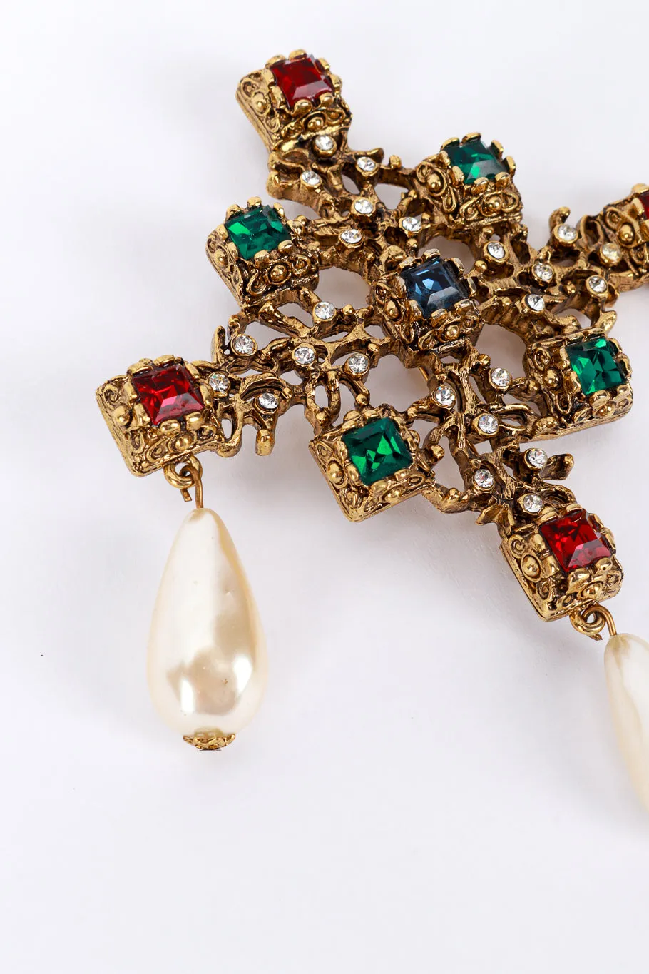 Jewel & Pearl Teardrops Cross Brooch