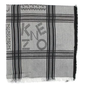 Kenzo Scarf Black Gray Houndstooth Stripes Logo Design - Large Cotton Wrap