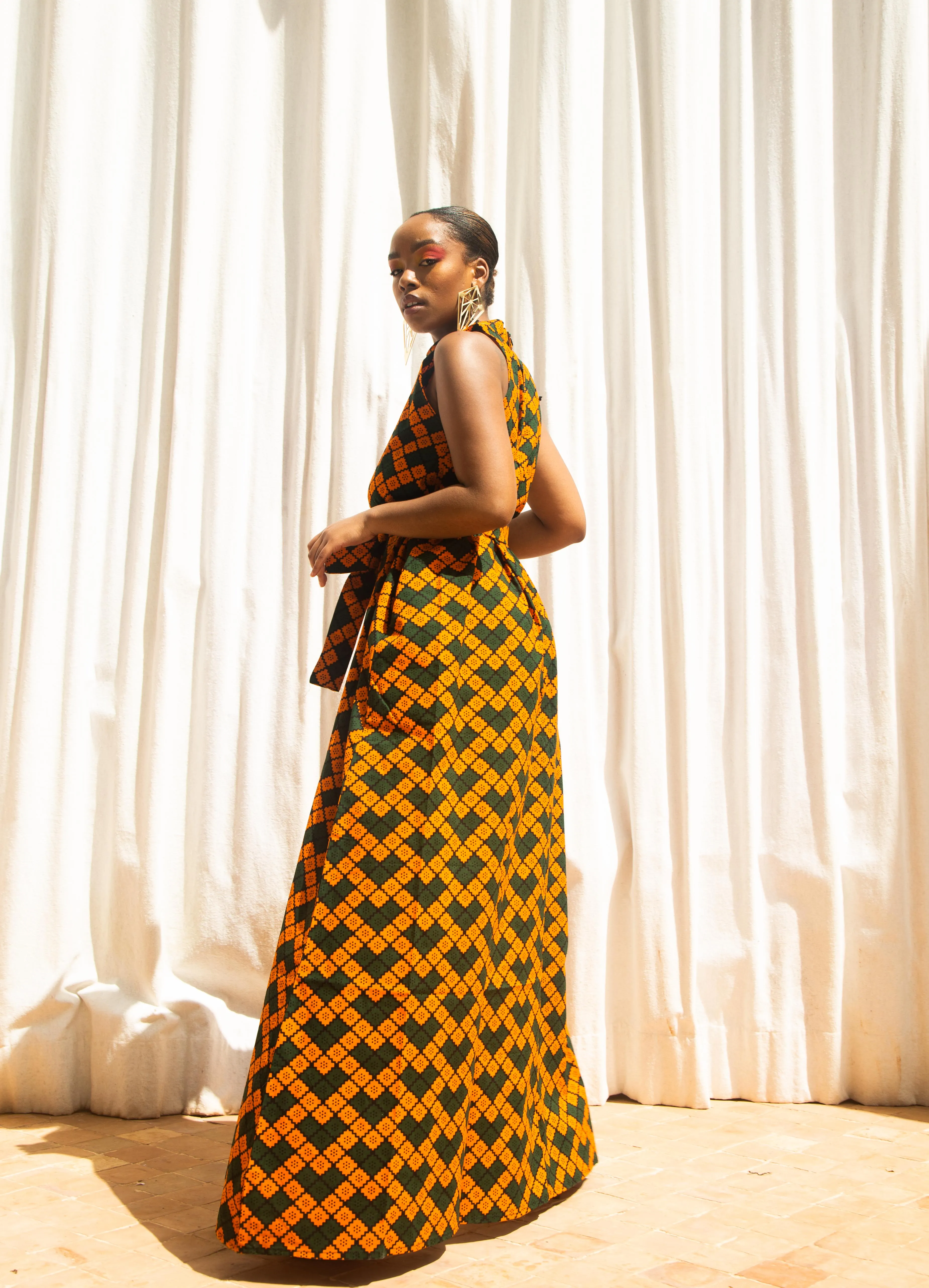 Macie Ankara Maxi Dress | Black and Orange African Print