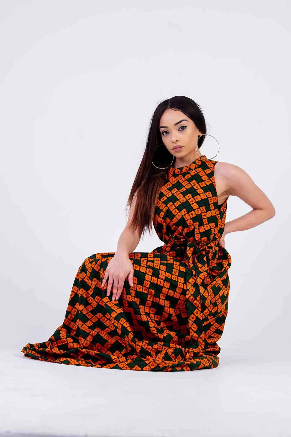 Macie Ankara Maxi Dress | Black and Orange African Print