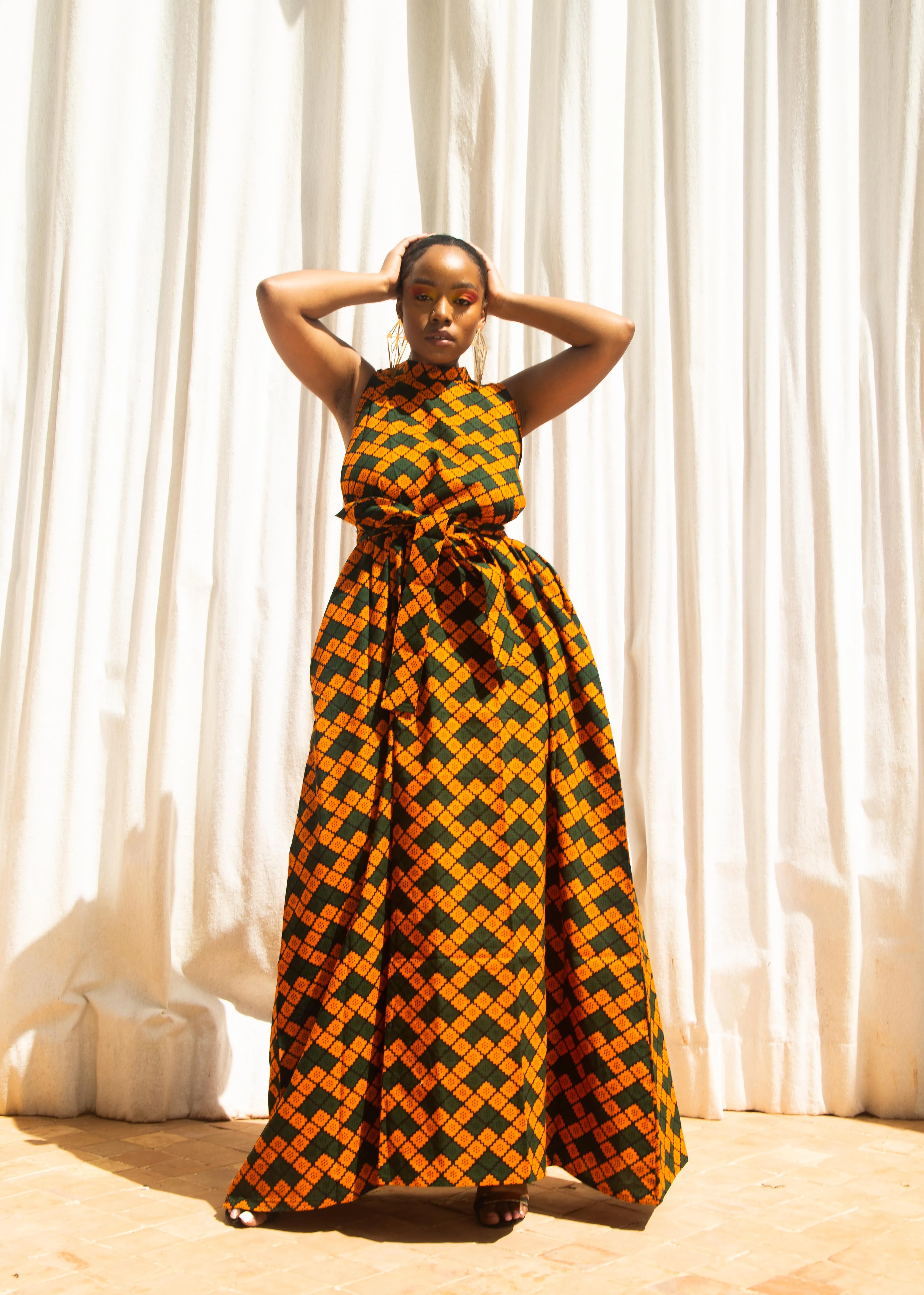 Macie Ankara Maxi Dress | Black and Orange African Print