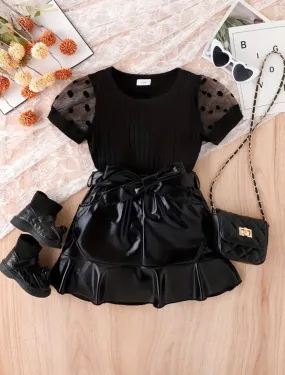 Polka Dot Print Splicing Mesh Sleeve Blouse   Faux Leather Ruffle Hem Skirt Set, For Girls