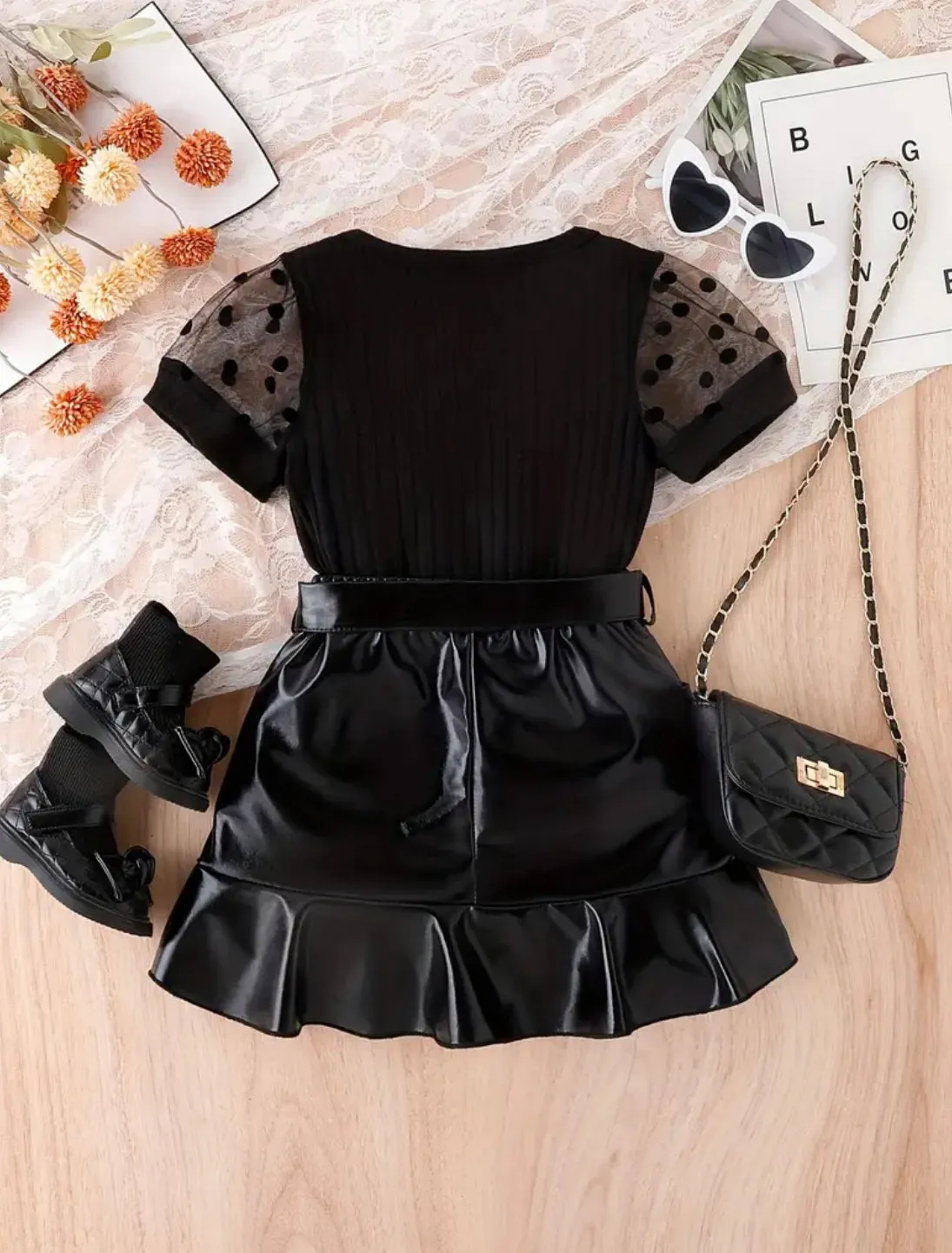 Polka Dot Print Splicing Mesh Sleeve Blouse   Faux Leather Ruffle Hem Skirt Set, For Girls