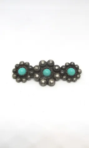 SILVER LINING 1930s Silver Floral Beaded Bar Pin with Turquoise Color Beads