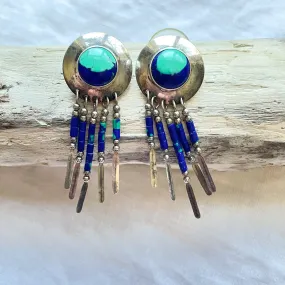 SOLD Vintage Native American Pierced Earrings, Sterling Azurite/Malachite