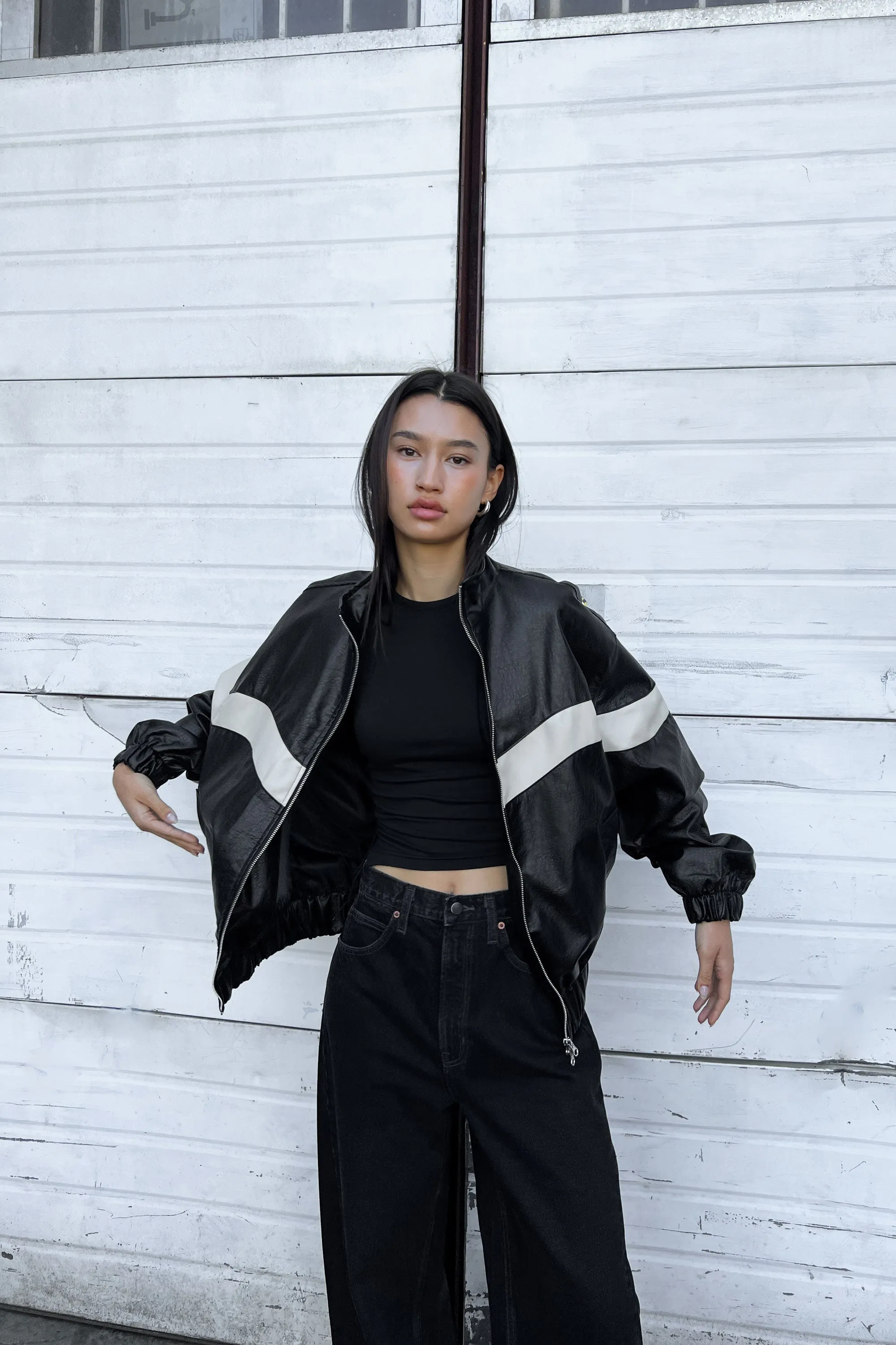 VEGAN LEATHER MOCKNECK RACER JACKET