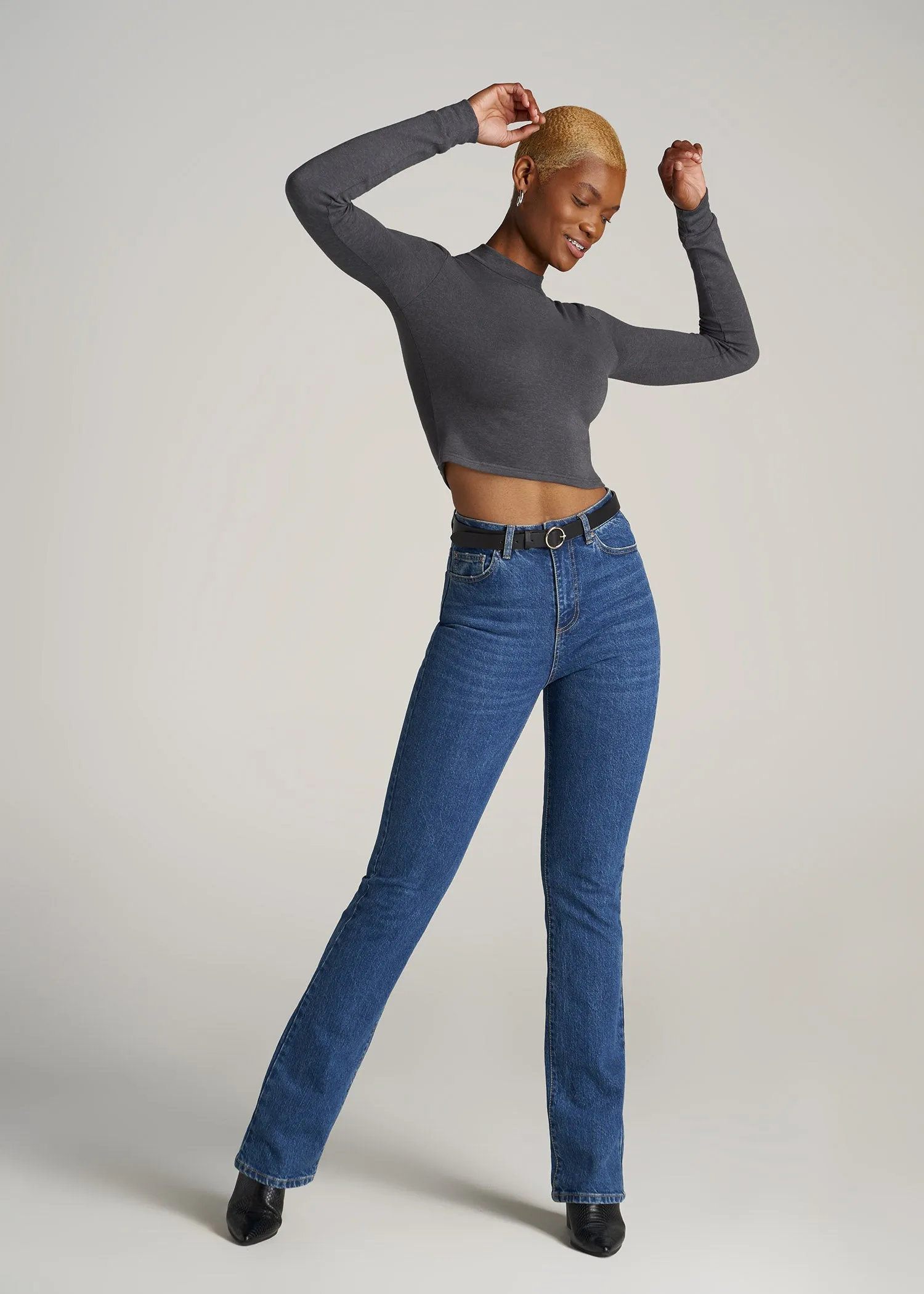 Women's Tall Crop Mock Neck Sweater in Charcoal Mix